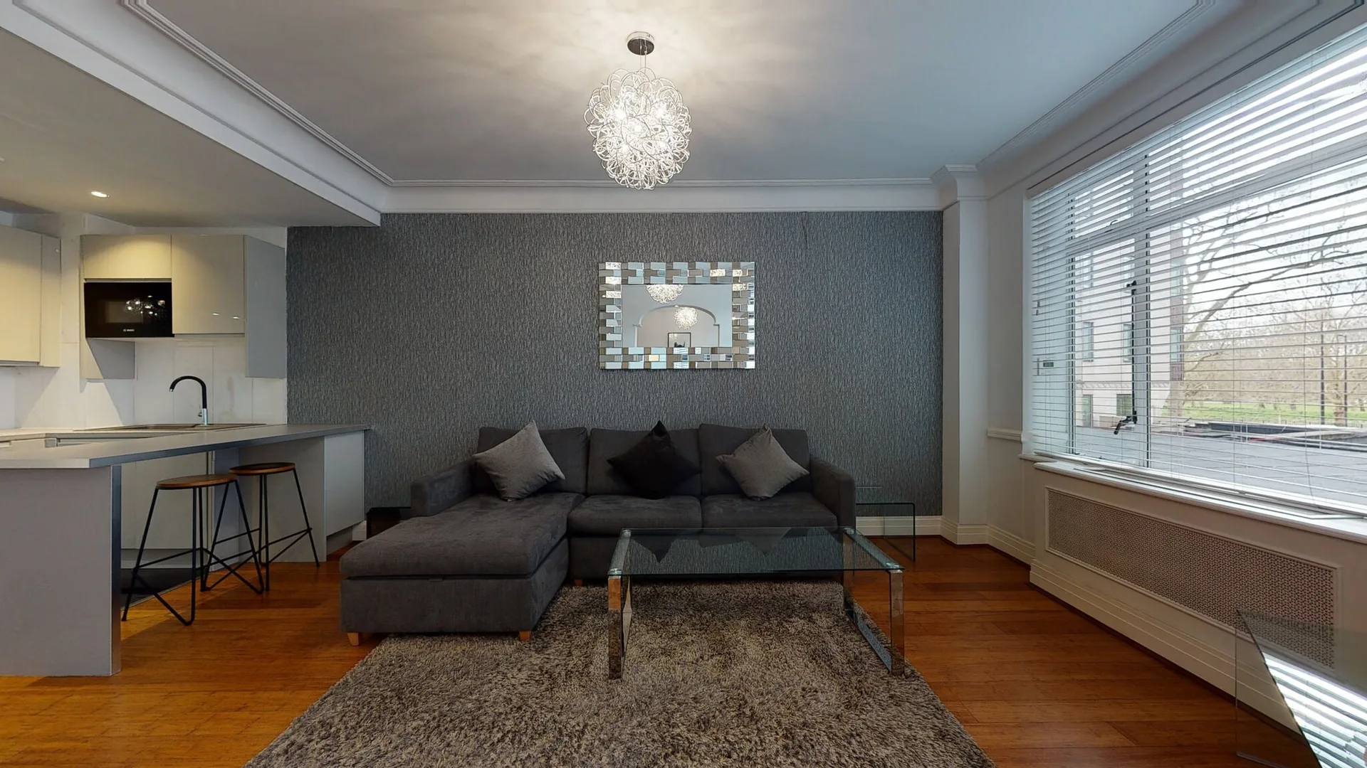 Mayfair apartment open-plan reception and kitchen