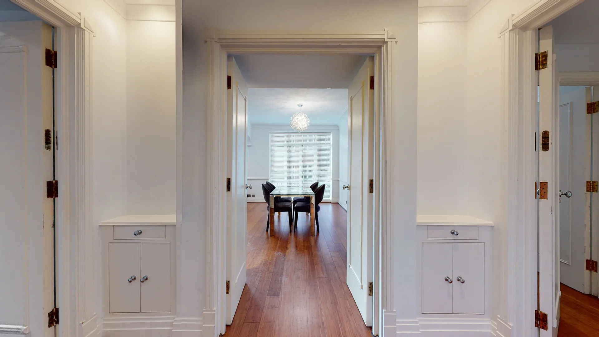 Mayfair apartment hallway leading to the dining area