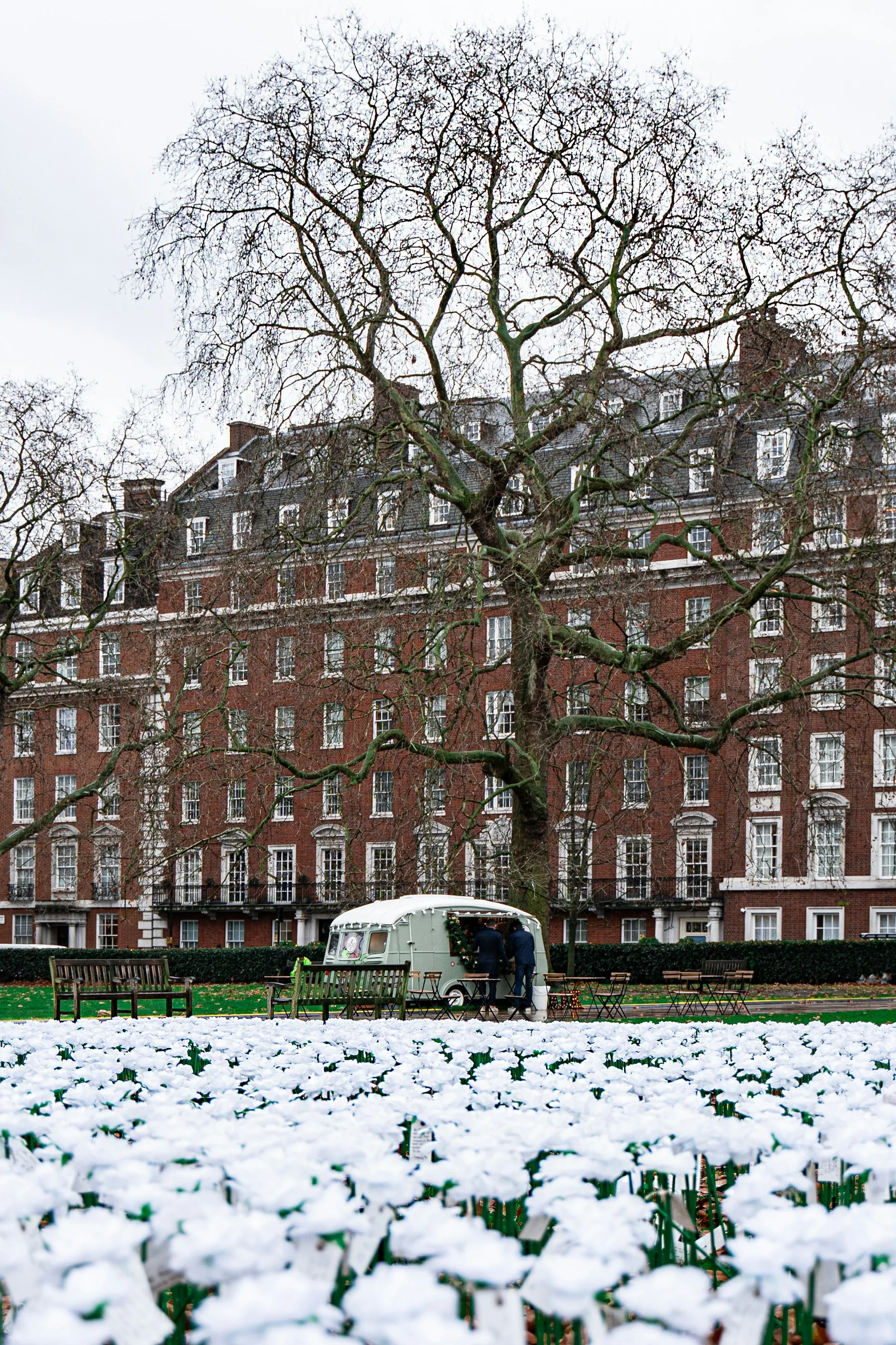 Red-brick London mansion block of apartments behind a garden square