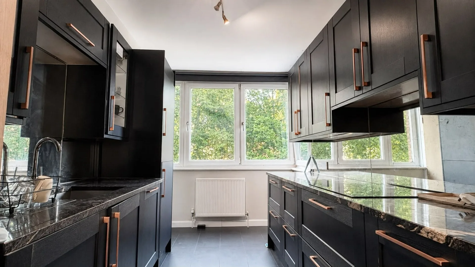 Hyde Park apartment kitchen with dark cabinetry