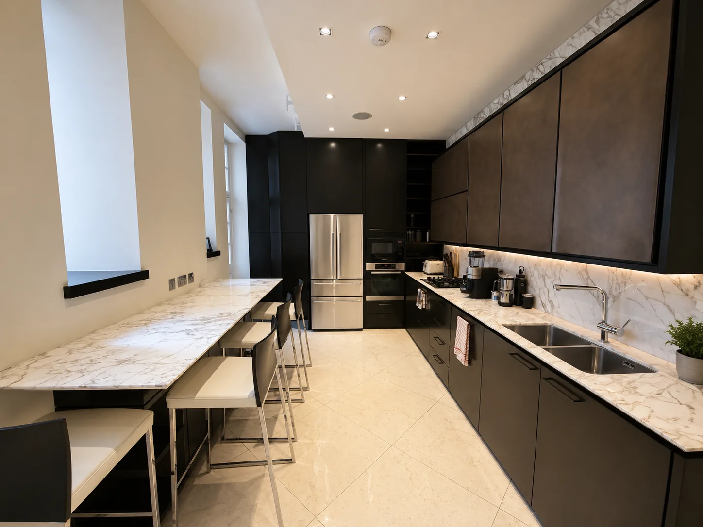 Mayfair apartment kitchen with dark cabinetry and a marble breakfast bar