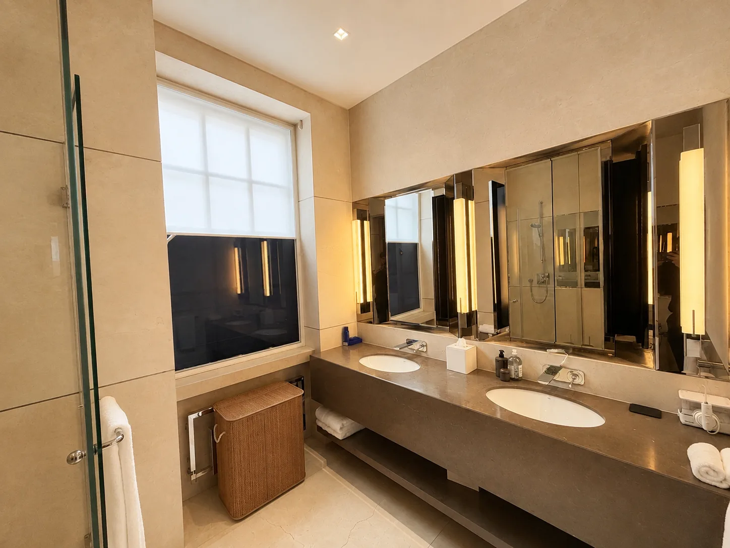 Mayfair apartment principal bathroom with a long stone vanity