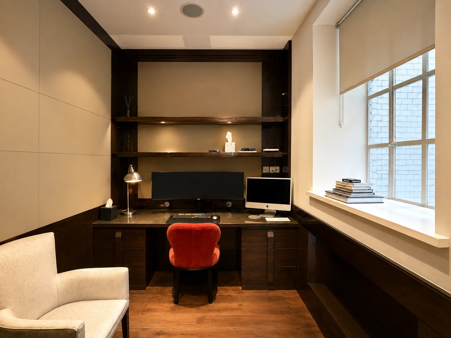 Mayfair apartment study with a built-in desk and shelving